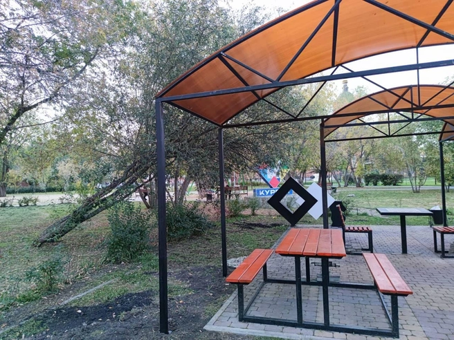 В скверике можно играть не только в шахматы, но и в шашки | Источник: Пресс-служба администрации Кургана