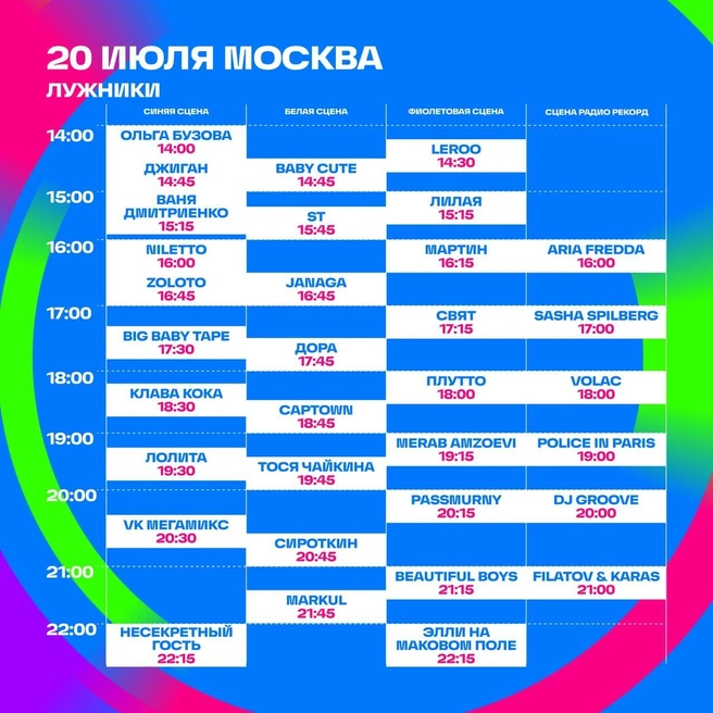 Полное расписание выступлений второго дня фестиваля | Источник: пресс-служба VK Fest