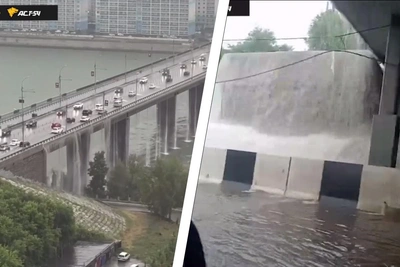 Водопад на Димитровском мосту в Новосибирске после ливня — видео