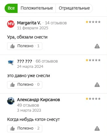 А вот такие отзывы копятся в«2ГИС» с 2023 года: горожане ждут, когда решение вступит в силу | Источник: Анастасия Харламова / NGS70.RU