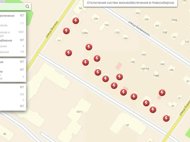 На карте отмечены здания, где будет прекращено водоснабжение и электроснабжение | Источник: Карта отключений систем жизнеобеспечения в Новосибирске
