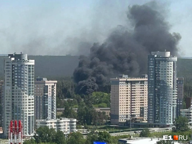 Столб дыма видно из разных районов города | Источник: читатель E1.RU
