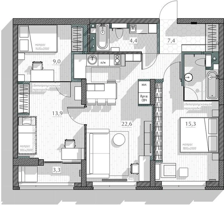 Квартира 79,7 м² для семьи с тремя сыновьями в Екатеринбурге