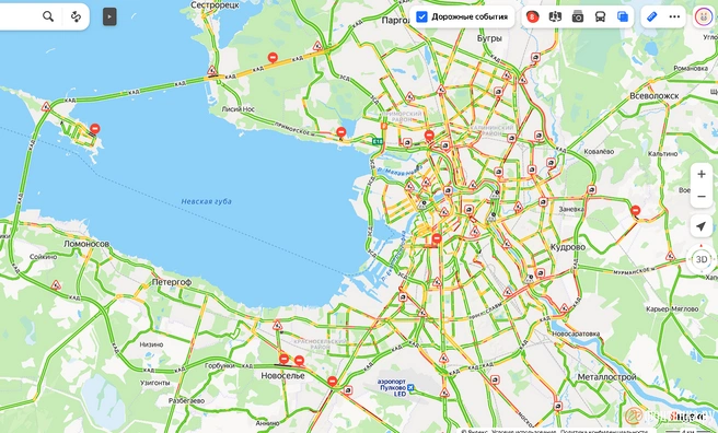 В Петербурге — 8 баллов. Встали трассы на юге и востоке города | Источник: Яндекс.Карты