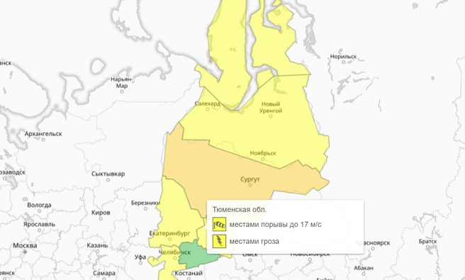 Прогностическая карта предупреждений по Уральскому ФО. На территориях, обозначенных желтым цветом, ожидается потенциально опасная погода. Оранжевым — там, где погода опасна, то есть имеется вероятность стихийных бедствий, нанесения ущерба. Зеленым — никакой угрозы нет и оповещения не требуются | Источник: meteoinfo.ru