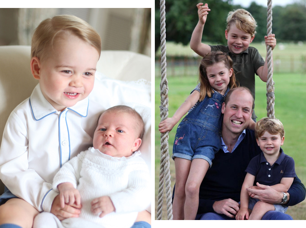 Слева: принц Джордж с новорожденной принцессой Шарлоттой, 2015 год; справа: принц Уильяма с детьми, июнь 2020 года | marieclaire.ru