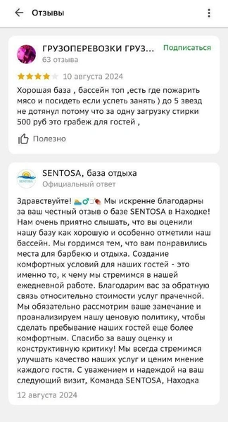 Отзывы о базе отдыха Sentosa (Ливадия) | Источник: 2ГИС