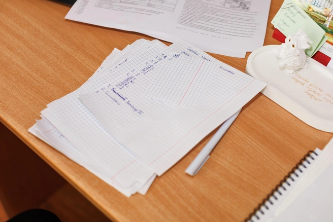 Чтобы побеседовать с журналистами, Лариса Михайловна раздала ученикам задания | Источник: Кирилл Башинский / NGS55.RU