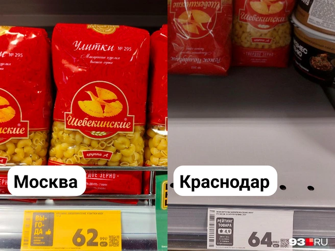 Макароны «Шебекинские» в Краснодаре дороже на 3% | Источник: Екатерина Железнова / 93.RU