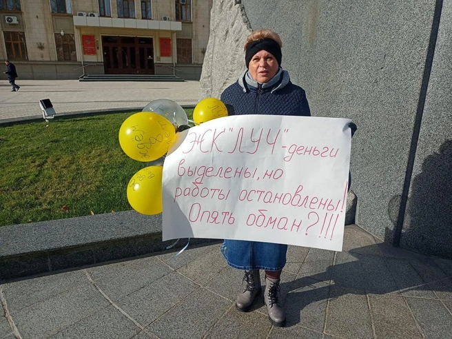 Дольщица вышла на пикет в 2024 году  | Источник: 93.RU