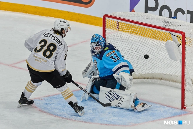 Чуть больше чем через 9 минут после начала первого периода шайбу в новосибирские ворота забросил хоккеист «Адмирала» Никита Тертышный | Источник: Александр Ощепков / NGS.RU
