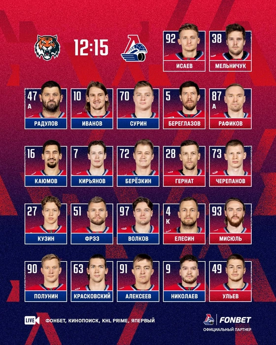 Трансляция матча идет на сайтах Кинопоиск и KHL Prime, а также на телеканале «Япервый» | Источник: Хоккейный клуб «Локомотив» / Telegram