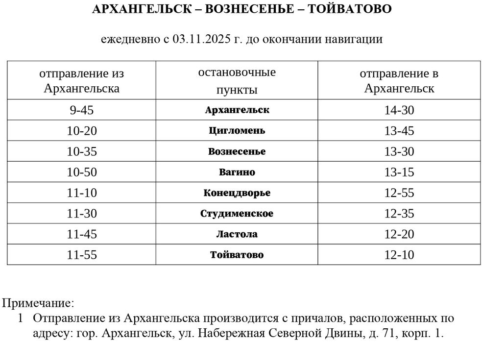 Расписание с 3 ноября до закрытия навигации | Источник: arpnet.ru