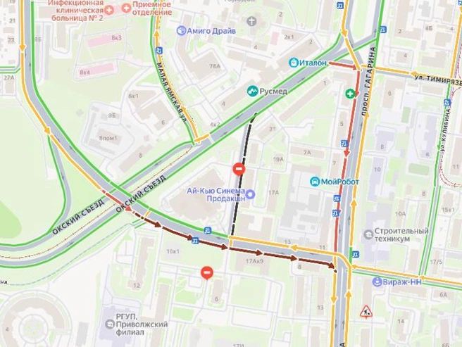 В центре Нижнего Новгорода перекрыт участок дороги | Источник: Яндекс Карты