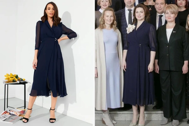 Каринэ Хабирова любит броши — платье она дополнила большим белым цветком | Источник: Ozon.ru, Каринэ Хабирова / Vk.com