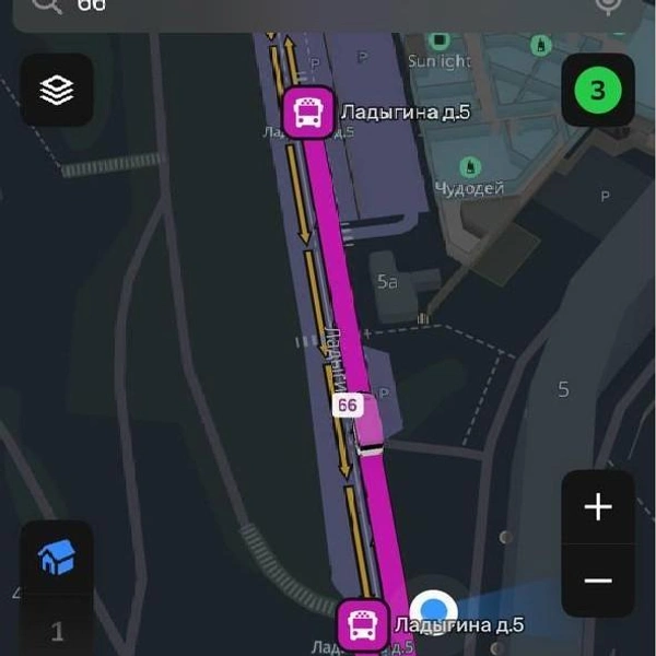 Эти остановки показывает карта, но по факту они не в этом месте для маршрута № 66 | Источник: 2ГИС