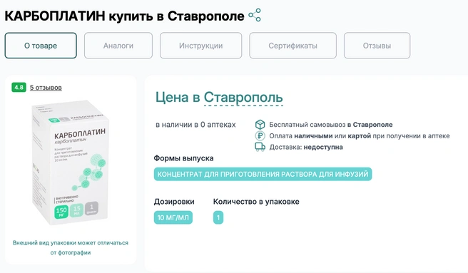 Нет лекарства в наличии в онлайн-аптеках | Источник: Скриншот с сайта 009.рф