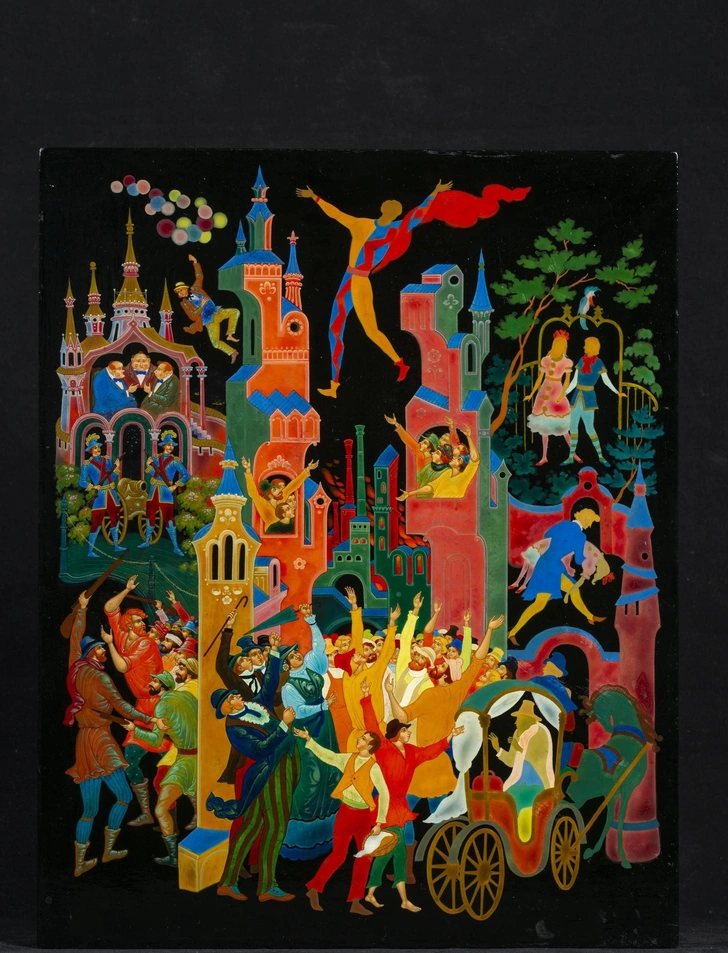 Валентин Ходов. Пластина «Три толстяка» Ивановская область, п. Палех 1980. Папье-маше, лак, темпера, миниатюрная живопись | Источник: пресс-служба выставки