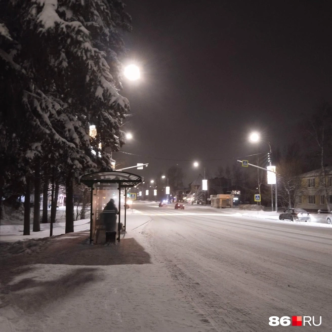 Идем к центральному рынку. Пока горожане ждут автобус, дорогу им освещают не только фонари, но и новогодние украшения на них | Источник: Сабина Сафронова / 86.RU