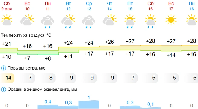 Больше всего осадков выпадет 13 мая | Источник: Gismeteo