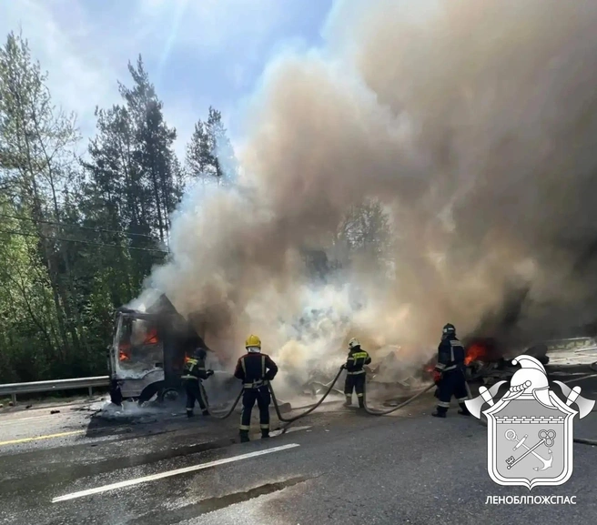 Тягач с прицепом вспыхнул на Мурманском шоссе под Петербургом. На трассе скопилась пробка в 5 км | Источник: ГКУ «Леноблпожспас»