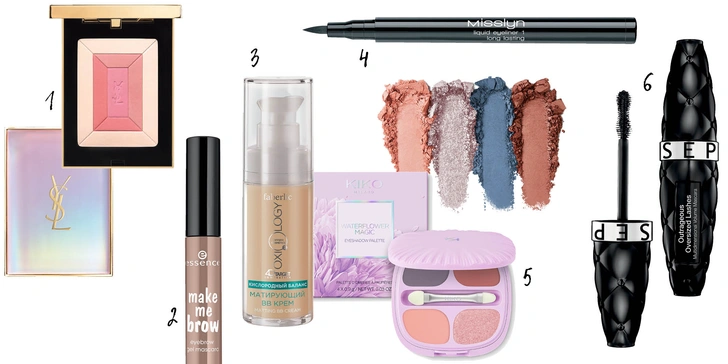 1. Румяна-хайлайтер, Yves Saint Laurent; 2. Тушь для бровей make me brow, essence; 3. Матирующий ВВ-крем Oxiology, Faberlic; 4. Подводка для глаз, Misslyn; 5. Палетка теней Waterflower magic, Kiko Milano; 6. Тушь Outrageous, Sephora Collection   | Источник: Архивы пресс-служб