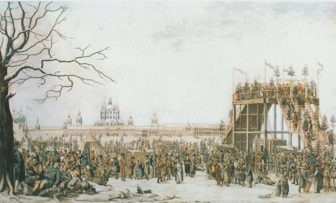 «Ледяные горы на Неве у Смольного монастыря». 1790-е гг. | Источник: Х. Г. Гейслер.