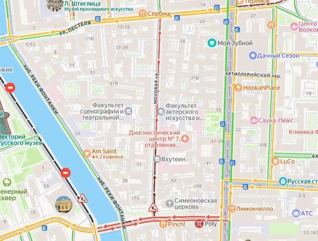 Из-за пожара на Моховой улице было затруднено движение | Источник: скриншот страницы сервиса «Яндекс.Пробки»