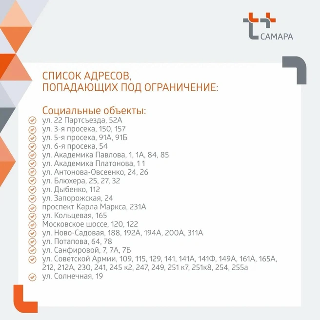 Список соцобъектов, попадающих под ограничение | Источник: «Т Плюс» в Самарской области / T.me