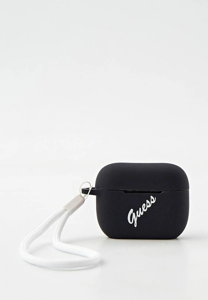 Чехол для наушников Guess Airpods Pro Silicone case Script logo with cord Black/White 