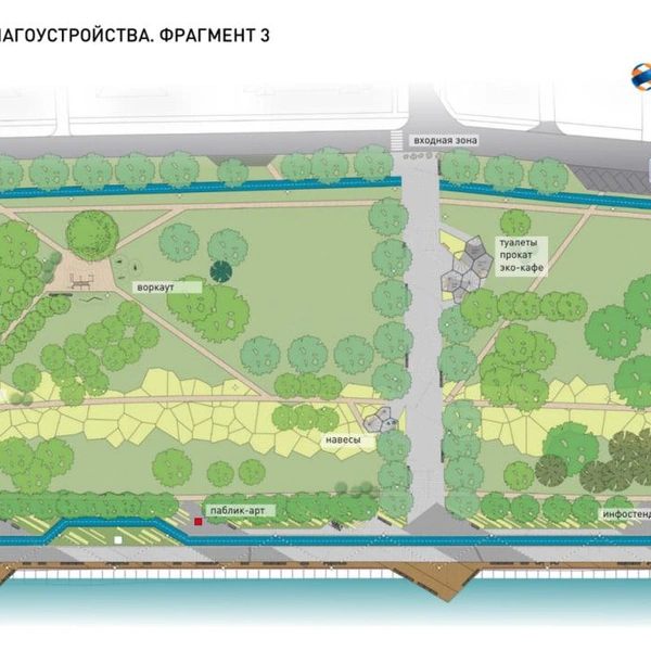 В середине набережной появится площадка с туалетами, кафе и прокатом. Место планируют закрыть от солнца и дождя навесами | Источник: «Зеленый Новосибирск»