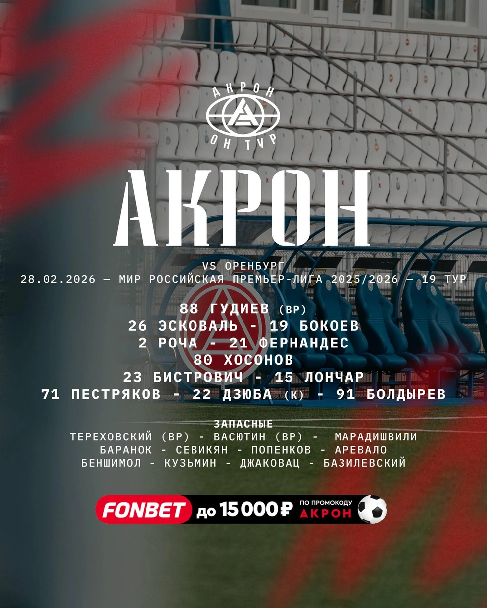 Стартовый состав гостей | Источник: ФК «Акрон» / t.me