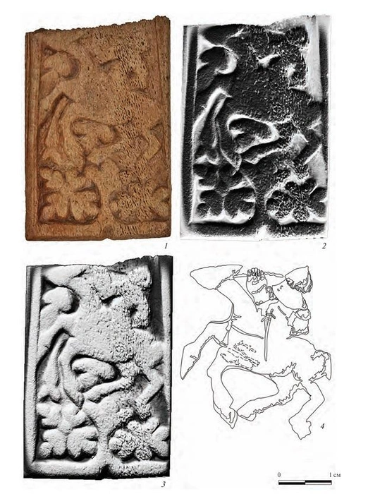 Костяная накладка: фото (1), цифровая модель, автор Р.&nbsp;Н.&nbsp;Габитов (2, 3) и детализация элементов изображения всадника (4). работа Р.&nbsp;Н.&nbsp;Габитов | Источник: new.ras.ru