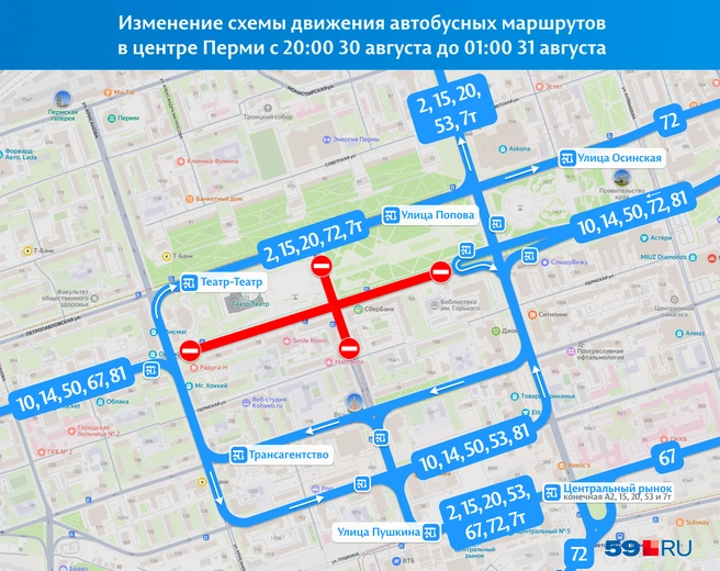 Улицу Ленина автобусы будут объезжать по параллельным Петропавловской, Екатерининской и Луначарского | Источник: «Яндекс Карты»; Кирилл Хафизов / 59.RU