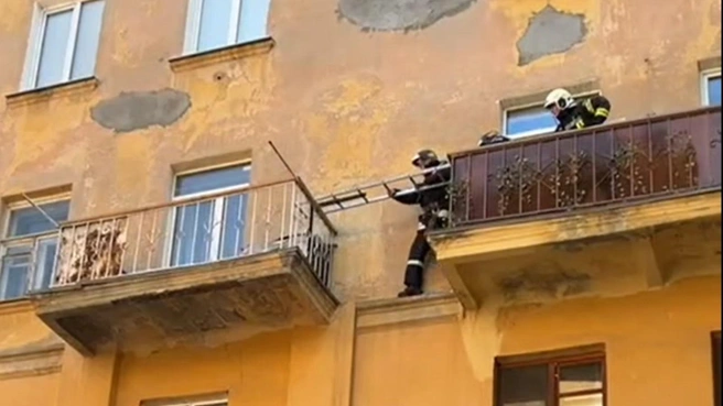 Попасть в квартиру к пенсионерке пожарному пришлось с помощью лестницы между балконами | Источник: читатели V1.RU