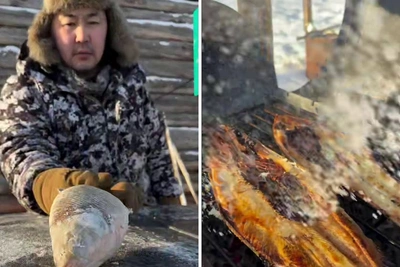 Panda Sakha shows how to grill crucian carp in winter