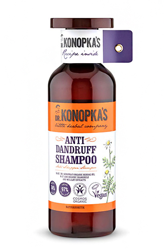 Шампунь для волос против перхоти Shampoo Anti Dandruff, Dr. Konopka's. Натуральный шампунь содержит масло для волос на основе комплекса лечебных трав, сертифицировано стандартом BBIH COSMOS Organic.