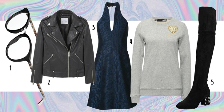 1. Очки, Dior. 2. Куртка, Mango. 3. Платье, Halston Heritage. 4. Свитшот, Love Moschino. 5. Ботфорты, Lost Ink.