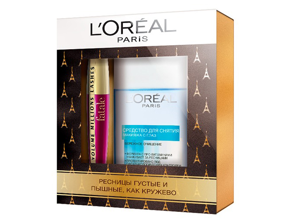 Набор Volume Million Lashes, L'Oreal Paris. В набор входят: тушь Fatale черная, 9 мл; средство для снятия макияжа с глаз, 125 мл.