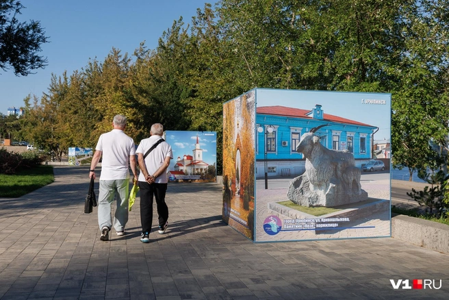 Тумбы с краткой информацией о городах Волгоградской области украшают улицу Чуйкова в районе 7-й Гвардейской | Источник: Алексей Волхонский / V1.RU