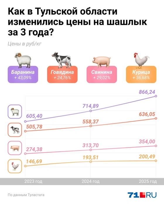 Как видно по инфографике, ни в один из годов мясо дешевле не становилось | Источник: Евгения Бикунова / Городские медиа