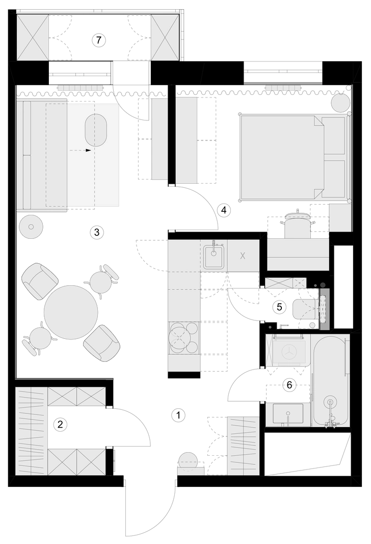 План квартиры 43,8 м². Проект дизайн-бюро Istok. | Источник: Екатерина Литке. Стиль: Istok