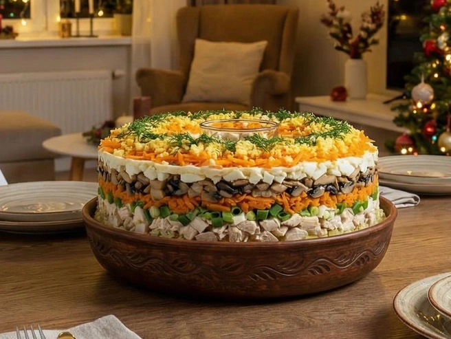 Салат имеет нарядный и аппетитный вид | Источник: Юрий Орлов/ Городские порталы