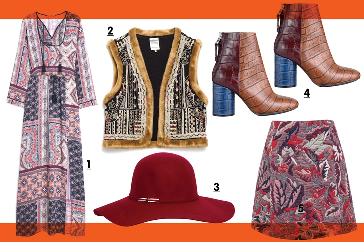 1. Платье, Mango. 2. Жилетка, Zara, 6 599 руб. 3. Шляпа, Accessorize. 4. Ботильоны, Topshop. 5. Юбка, Pull & Bear.