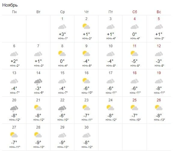 Снегопад ожидается 14 ноября | Источник: world-weather.ru