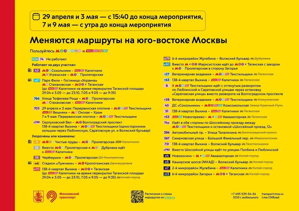 Изменение работы общественного транспорта 7 и 9 мая на юго-востоке Москвы | Источник: Дептранс. Оперативно / T.me