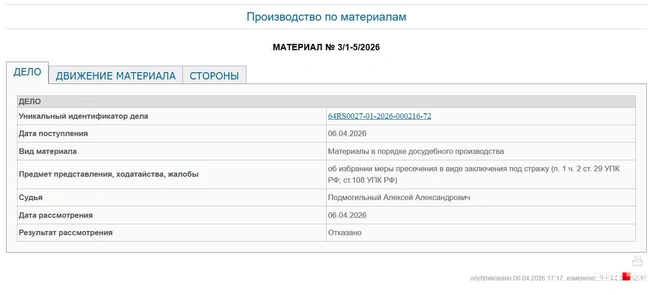 Решение по делу об избрании меры пресечения | Источник: Петровский городской суд / petrovsky--sar.sudrf.ru
