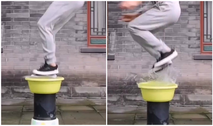 Трюк: мастер боевых искусств отталкивается от воды в прыжке (видео)