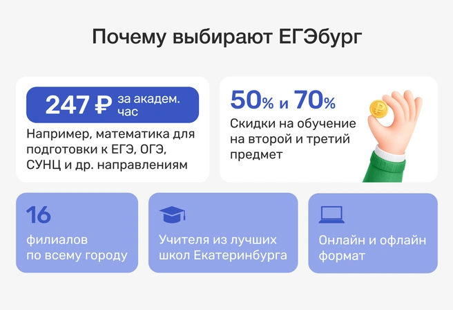 Развитая инфраструктура, гибкое расписание и адекватная ценовая политика позволяют готовиться сразу по трем предметам ЕГЭ | Источник: ЕГЭбург