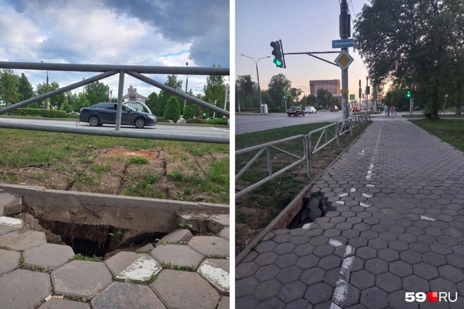 Яма находится на самой велосипедной дорожке, причем велосипедистам издалека ее не видно | Источник: читатели 59.RU